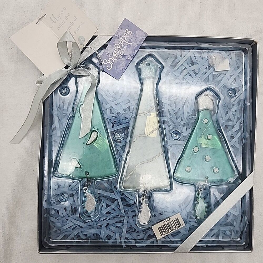 Ornament Enesco Clear Christmas Tree With Dangling Snowscapes Glass Set Of 3 NEW